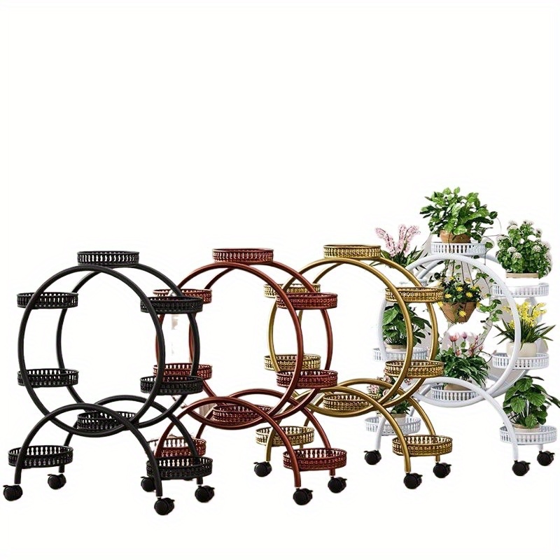 

Modern Geometric Metal Hanging Plant Stand With Rolling Casters, Round Planter Rack, Indoor & Patio Display For Succulents And Greenery