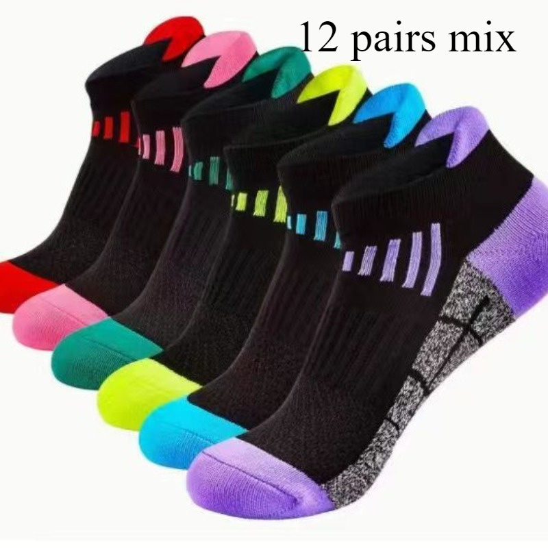 

12-pair Athletic Ankle Socks Set - Breathable Knit Sportswear With Cushion, 80% Polyester 20% Spandex, Striped, Machine Washable For Running, Cycling, Hiking