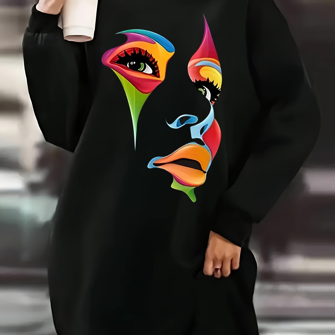 

Women's Plus-size Sweatshirt Dress With Portrait Print, Casual Loose Fit Long Sleeve Round Neck Pullover For Fall/winter, Polyester Knit Fabric