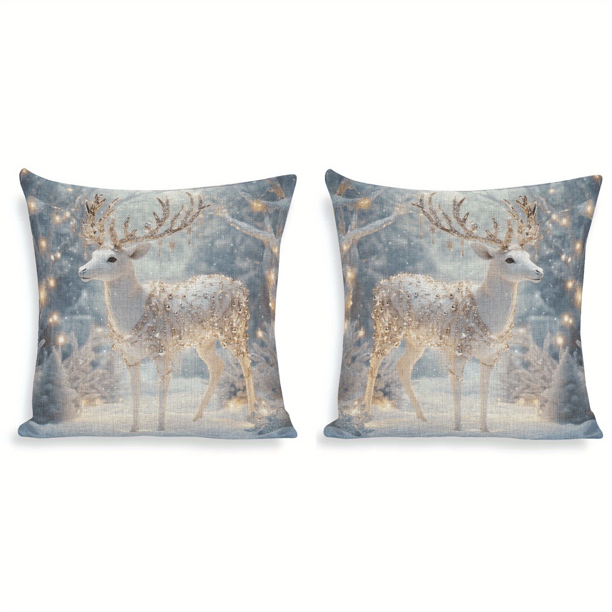 

Set Of 2 Reindeer-themed Decorative Throw Cushion Covers With Zipper Closure, 18x18 Inch - Deer Design, Machine Washable, Polyester, Contemporary Christmas Decor For Various Room Types