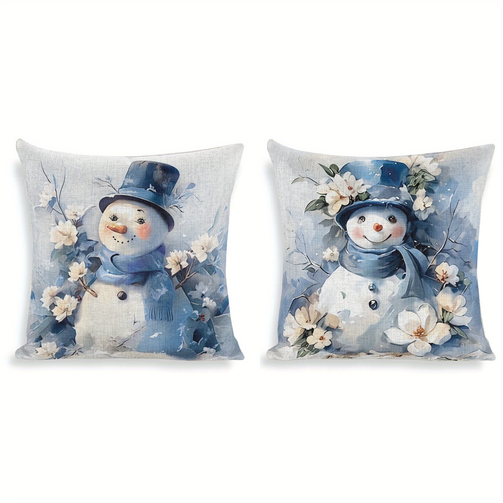 

2pcs Set Christmas Theme Decorative Pillow Covers 18x18 Inch - Blue Snowman Pattern Cases With Zipper Closure For Sofa, Bedroom, Living Room - Contemporary Style