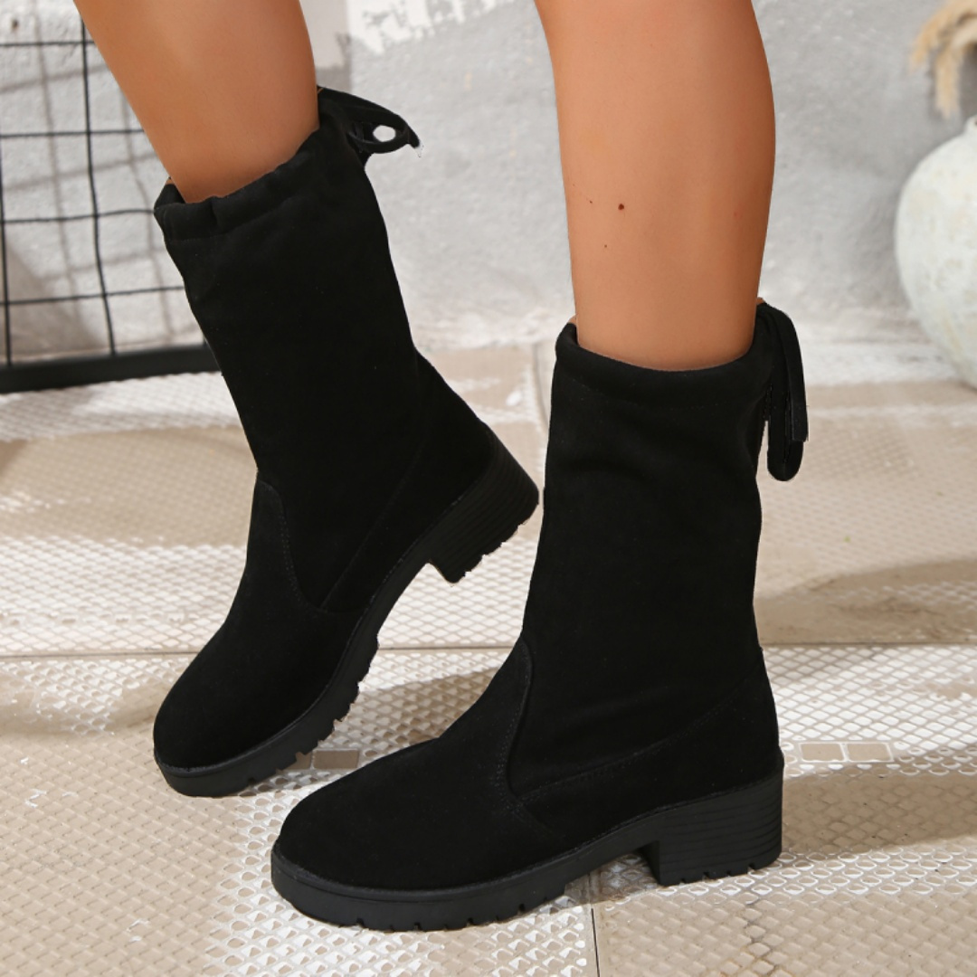 

Round Toe Cloth Socks Boots, Slim Boots, Autumn New Chunky Heeled Mid-heeled All- Mid-calf Boots