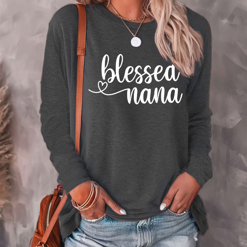 

Blessed Neck Long Sleeve T-shirt - Casual Fall/winter Knit Top, Polyester Blend With Viscose And Elastane, Alphabet Pattern