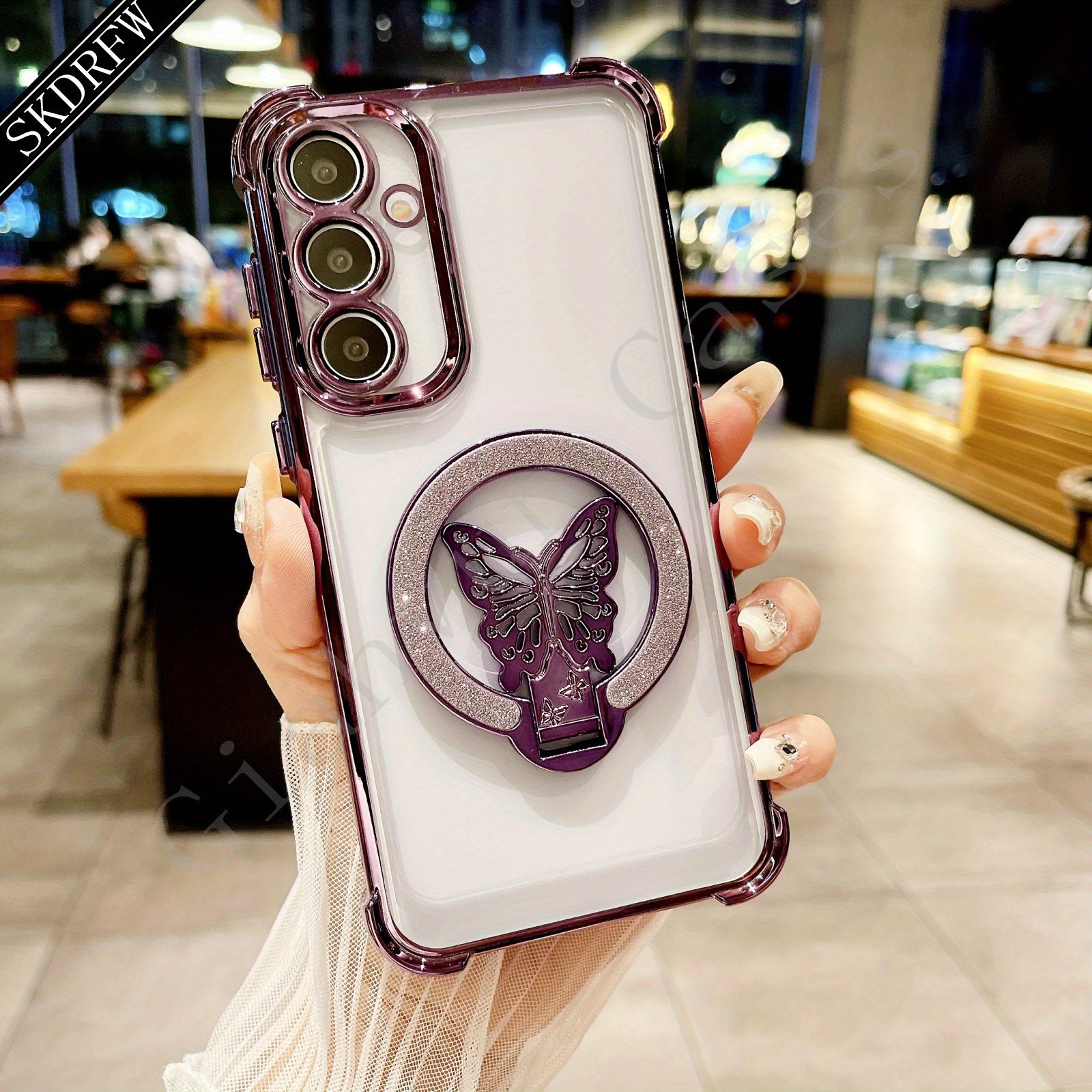 TEMU Phone Case - New Transparent Electroplated + Magnetic Glitter Stand + Lens Protection + Wireless Charging Support + Four-corner Anti-drop Phone