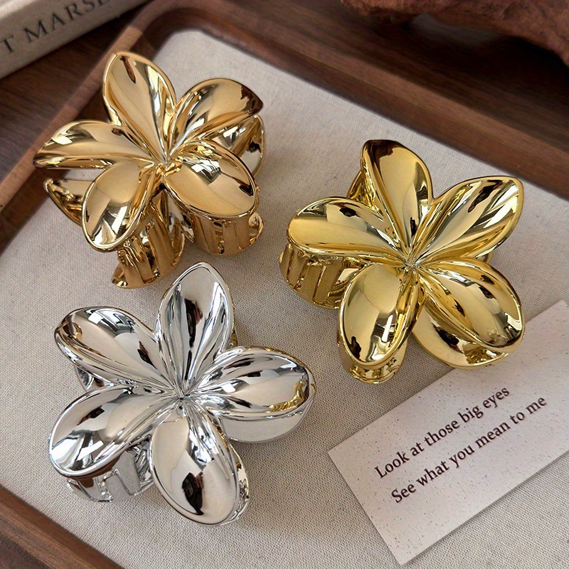 

Elegant Floral Hair Claw Clip - Non-slip, For - Chic Matte In Golden, Silvery, Or Champagne