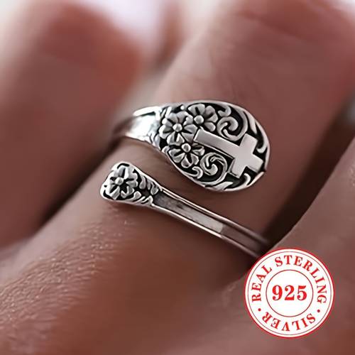 925 sterling 925 silver adjustable bohemian faith ring vintage floral cross retro boho style jewelry gift for women ladies