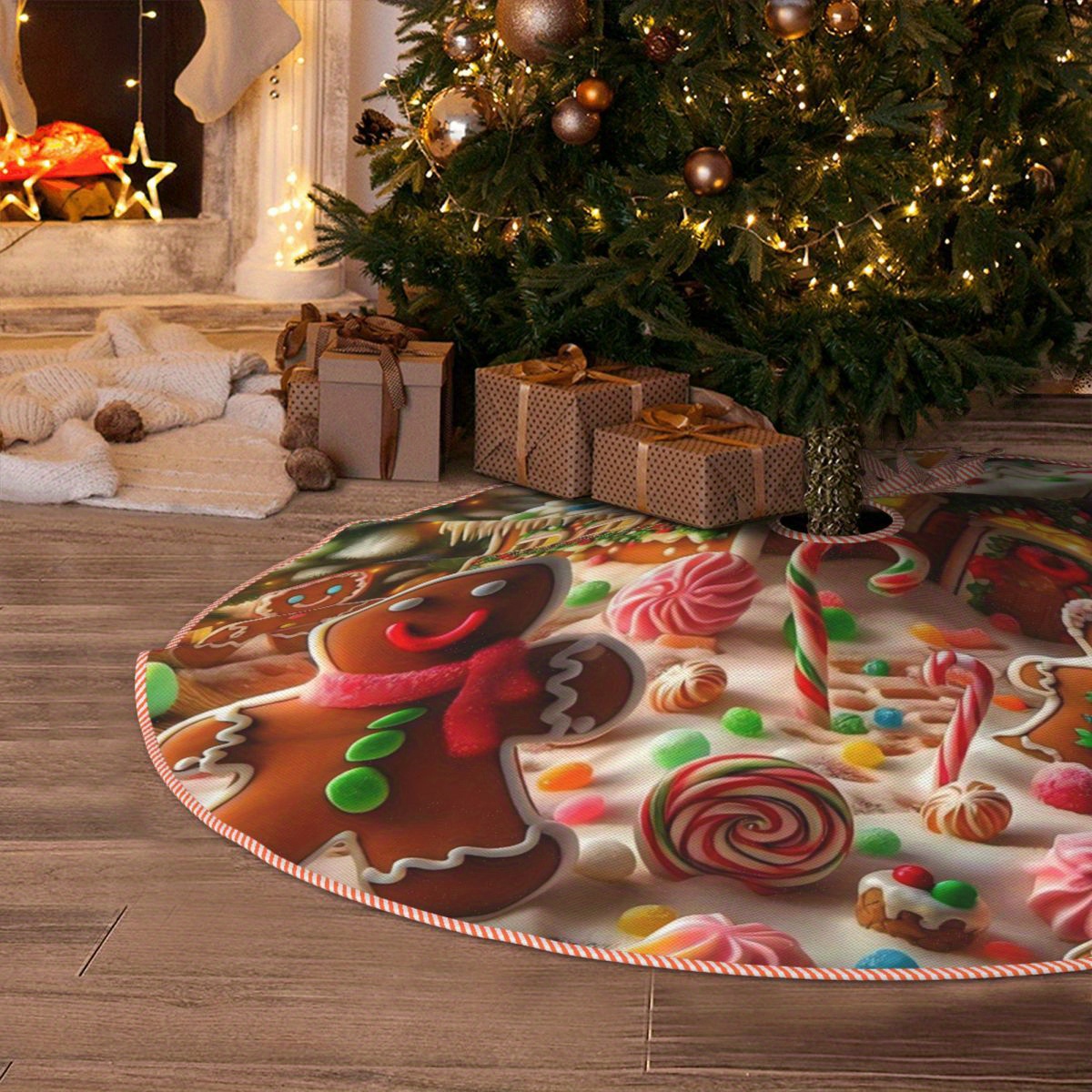 

Holiday Fabric Tree Skirt With Gingerbread And - Versatile Christmas, , Thanksgiving, And New Year Decor For Home And Office - Anti-slip, Soft Plush Decoration For Festive Occasions