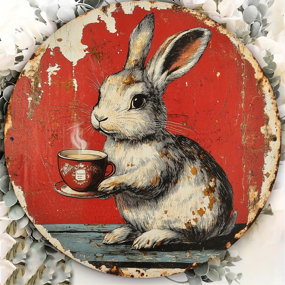 

Vintage Bunny Coffee Sign - 8" Round Rustic Wood Decor For Cafes And Kitchens, No Power Needed