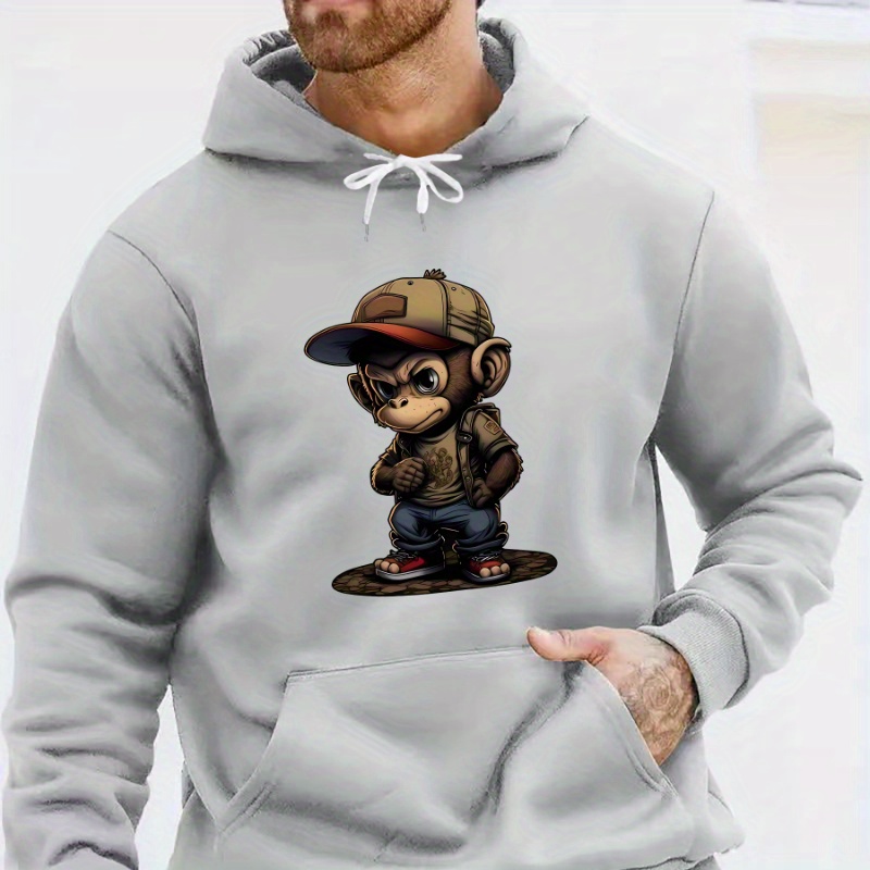 

Men's Casual Hooded Sweatshirt With Cartoon - Knit Polyester Fabric, Regular Fit, Stretch, Hoodie With Drawstring, Pullover Style