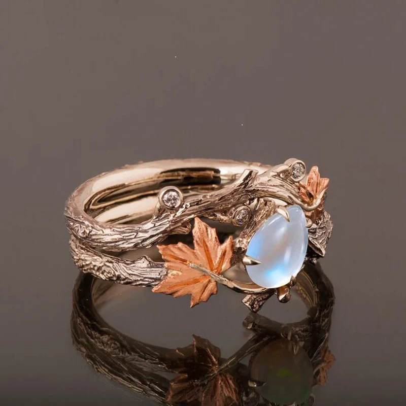 elegant vintage maple leaf ring with natural stone antique golden   for   parties ideal thanksgiving gift for her details 2