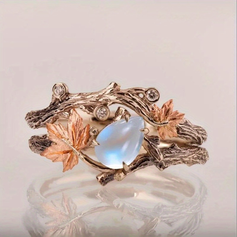 elegant vintage maple leaf ring with natural stone antique golden   for   parties ideal thanksgiving gift for her details 3