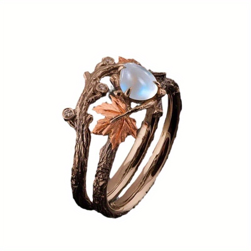 elegant vintage maple leaf ring with natural stone antique golden   for   parties ideal thanksgiving gift for her details 5