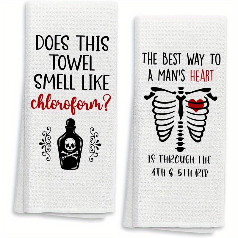 

2pcs Humorous Gothic Kitchen Towels - "what Does This Towel Smell Like" & Skeleton , Soft Polyester, Machine Washable, 18x26 Inches - Ideal For Halloween & Use, Funny Kitchen Towels