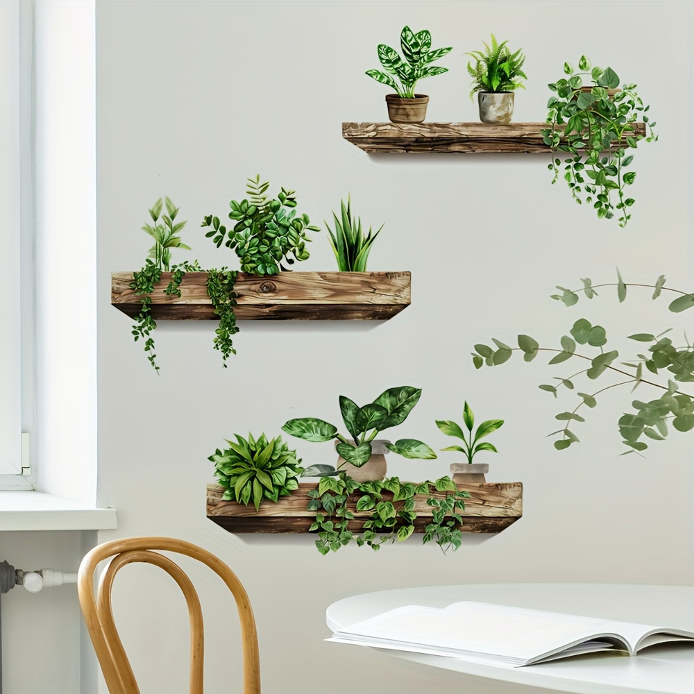 

3-piece Green Plant Wall Decal Set, Plastic, Removable Waterproof Wood Shelf Stickers With Potted Plants, Home And Office Decor Accents For Living Room, Bedroom, Classroom - For Holidays