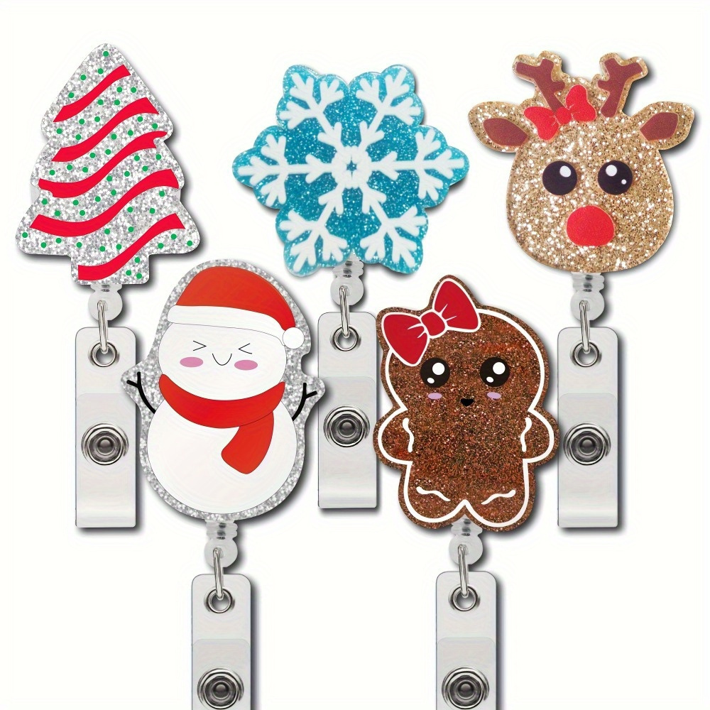 

5-pack Christmas Badge Reels With Alligator Clip, Acrylic Retractable Id Badge Holders, Office Nurse , No Feathers, Holiday Shapes Decorative Card Keychain For Office Party