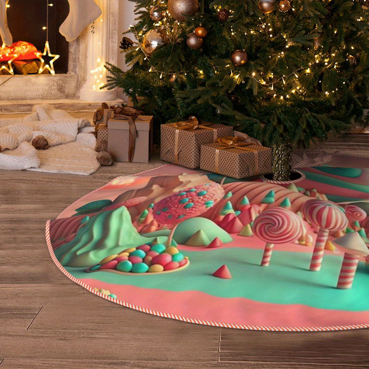 

1pc Fabric Christmas Tree Skirt With Festive Candyland Design - Plush Soft Anti-slip For Decoration, Suitable For Christmas, , Thanksgiving, New Year - Versatile Decor