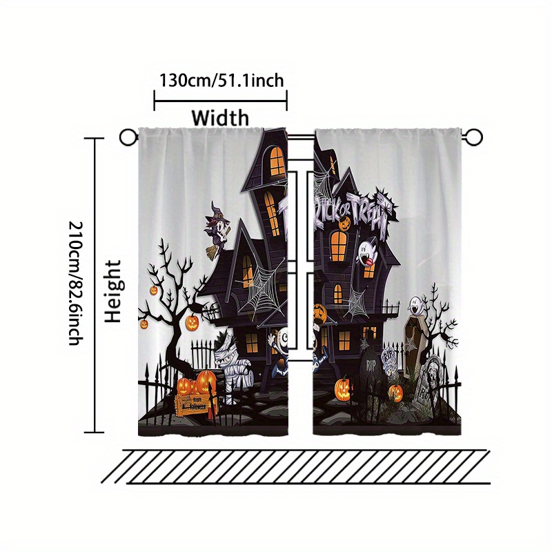 TEMU Contemporary Style Polyester Knit Curtains - 2pcs Happy Haunted House - Machine Washable, Accessory-free For Various Room Types