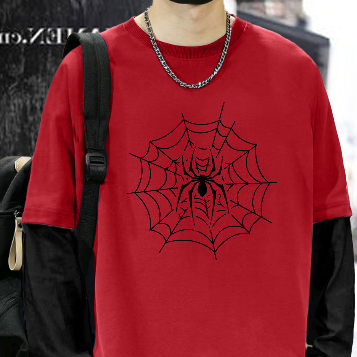 

Spider Print Men's Color Matching Fake 2 Casual Loose Long Sleeve T-shirt