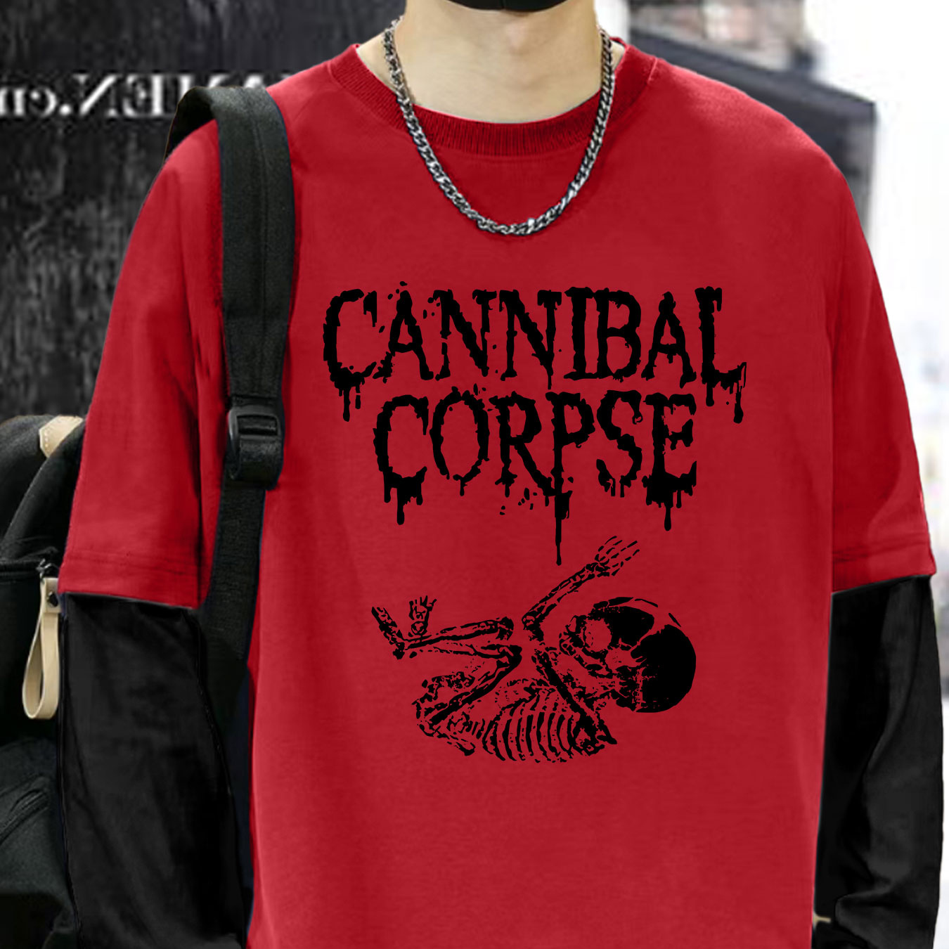 

Man Eating Skull Printing Color Matching Fake 2 Casual Loose Long-sleeved T-shirts