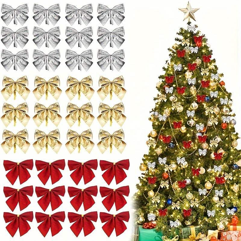 

36pcs Sparkling Christmas Bow Ornaments, 2" Mini Sequin Bows For Tree Decoration, Ribbon Glitter Accents, & Party Wreaths, Gift Wrapping Accessories