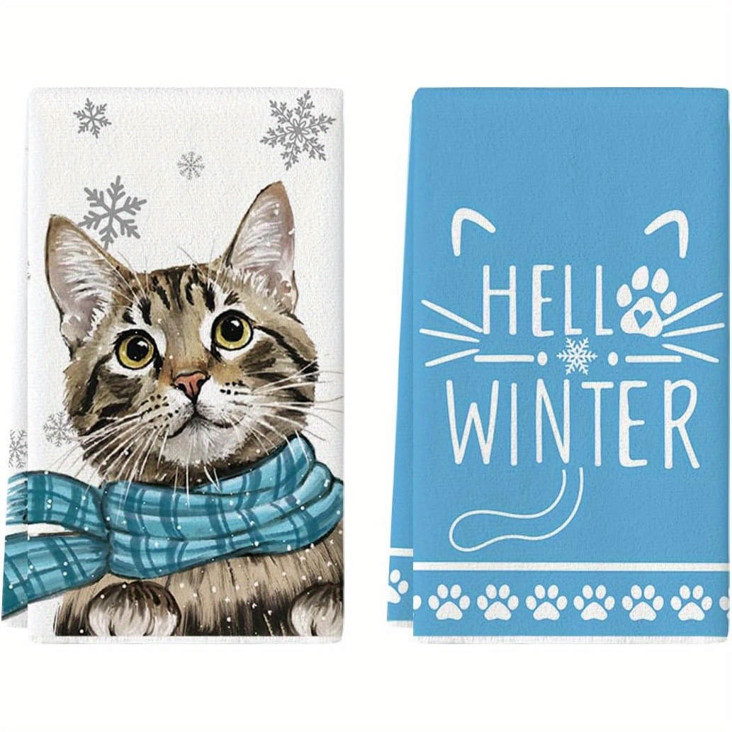 

2pcs Set "hello Winter" & Kitchen Towels - 18x26 Inch, Machine Washable Polyester Dish Towels For Christmas Decor