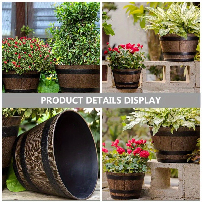 

Resin Wooden Barrel Planter - 4l Plastic With Drainage Hole For Bonsai, Houseplants, Indoor & Outdoor Garden Display - Floor Mount Plant Container