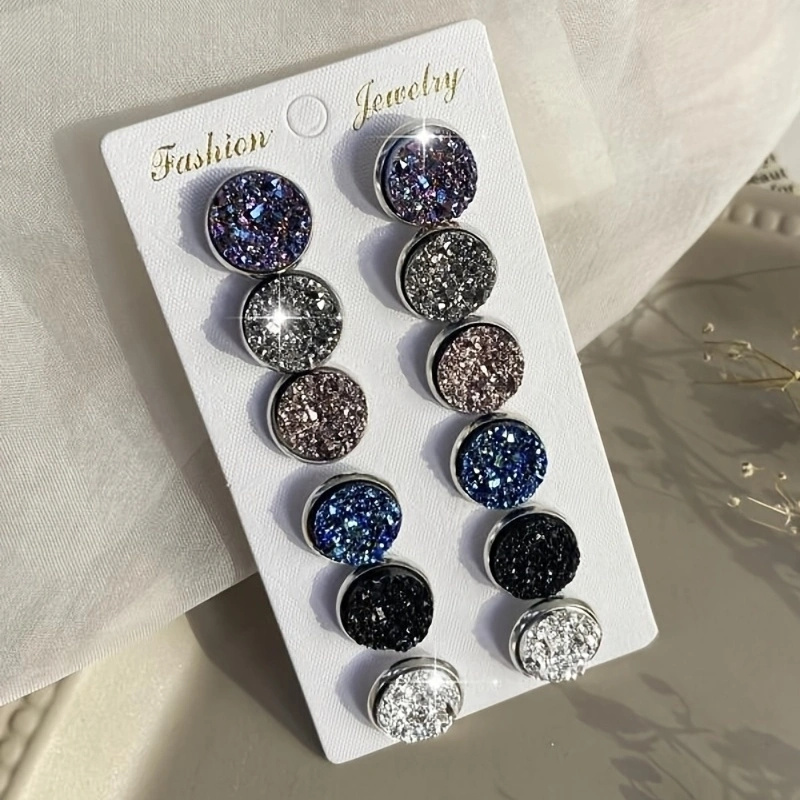 TEMU A Set Of 6 Pairs Of Sparkling Round Stud Earrings, Simple And Luxurious Style, Plastic Setting, Suitable For Women's