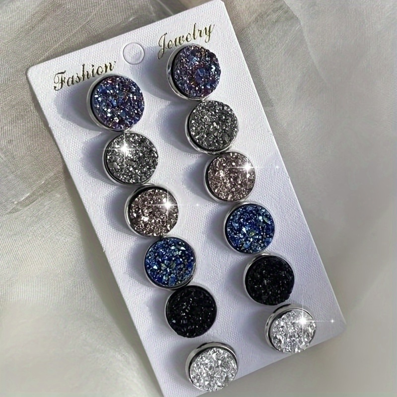 

A Set Of 6 Pairs Of Sparkling Round Stud Earrings, Simple And Luxurious Style, Plastic Setting, Suitable For Women's