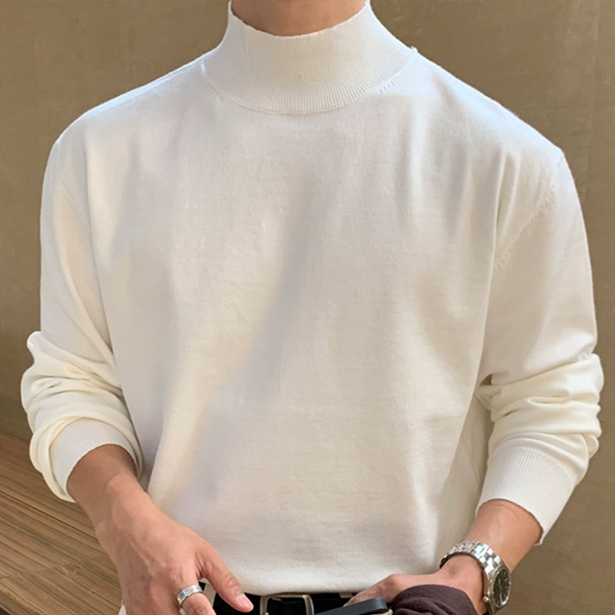 

Men's Casual High-neck Sweater - Solid Color, Slim Fit, Long Sleeve, Knit Fabric, Elasticity, For Autumn/winter Season