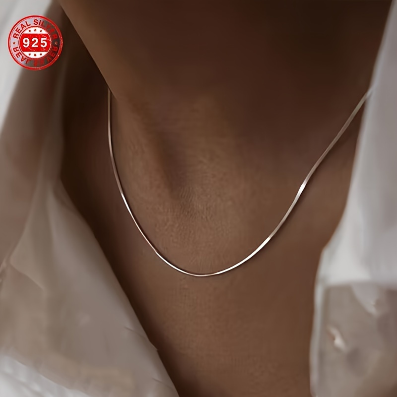 TEMU Elegant 925 Sterling Silver Snake Bone Chain Necklace - Hypoallergenic, Delicate Clavicle Accessory For Women, , Chain Necklace