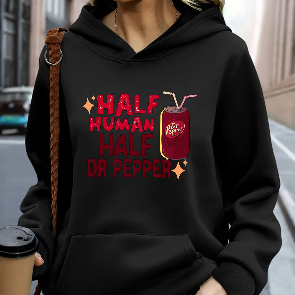 

Women's Casual Polyester Hoodie With Dr Pepper Graphic - Knit Fabric Hooded Sweatshirt With Kangaroo Pocket, Slight Stretch Pullover - Geometric Pattern Leisure Sports Long Sleeve Top