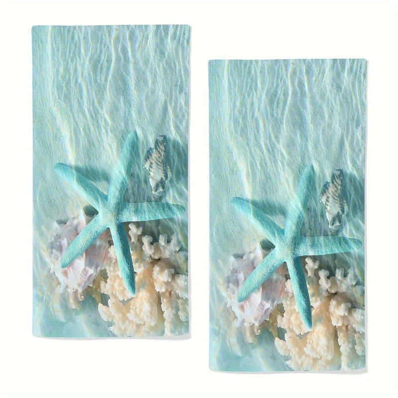 

Jit 2-piece Set Seashell Starfish Decorative Towels, Super Soft Polyester, Modern Coastal Theme, Woven For Bathroom Kitchen Gym, Machine Washable, Absorbent, Oblong Shape, 18x26 Inches