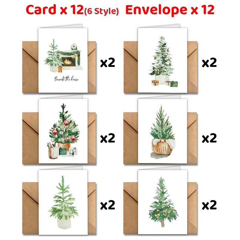 

24pcs Watercolor Christmas Tree Greeting Cards With Envelopes - , Family Dinners & Thank You Notes