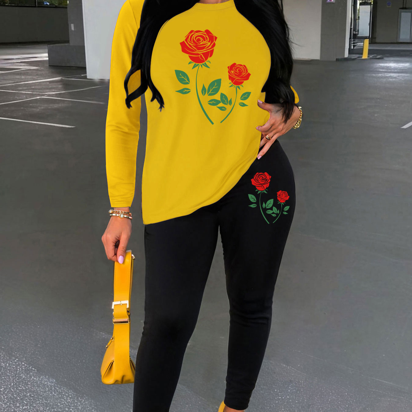 

Women's Casual Floral Print Two-piece Set: Long Sleeve T-shirt & Stretchy Leggings - Machine Washable