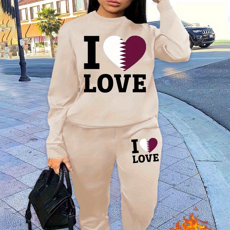 

Casual Knit Polyester Tracksuit Set - Scoop Neck Pullover With Heart & Matching Joggers, Season-neutral - Polyester 100%