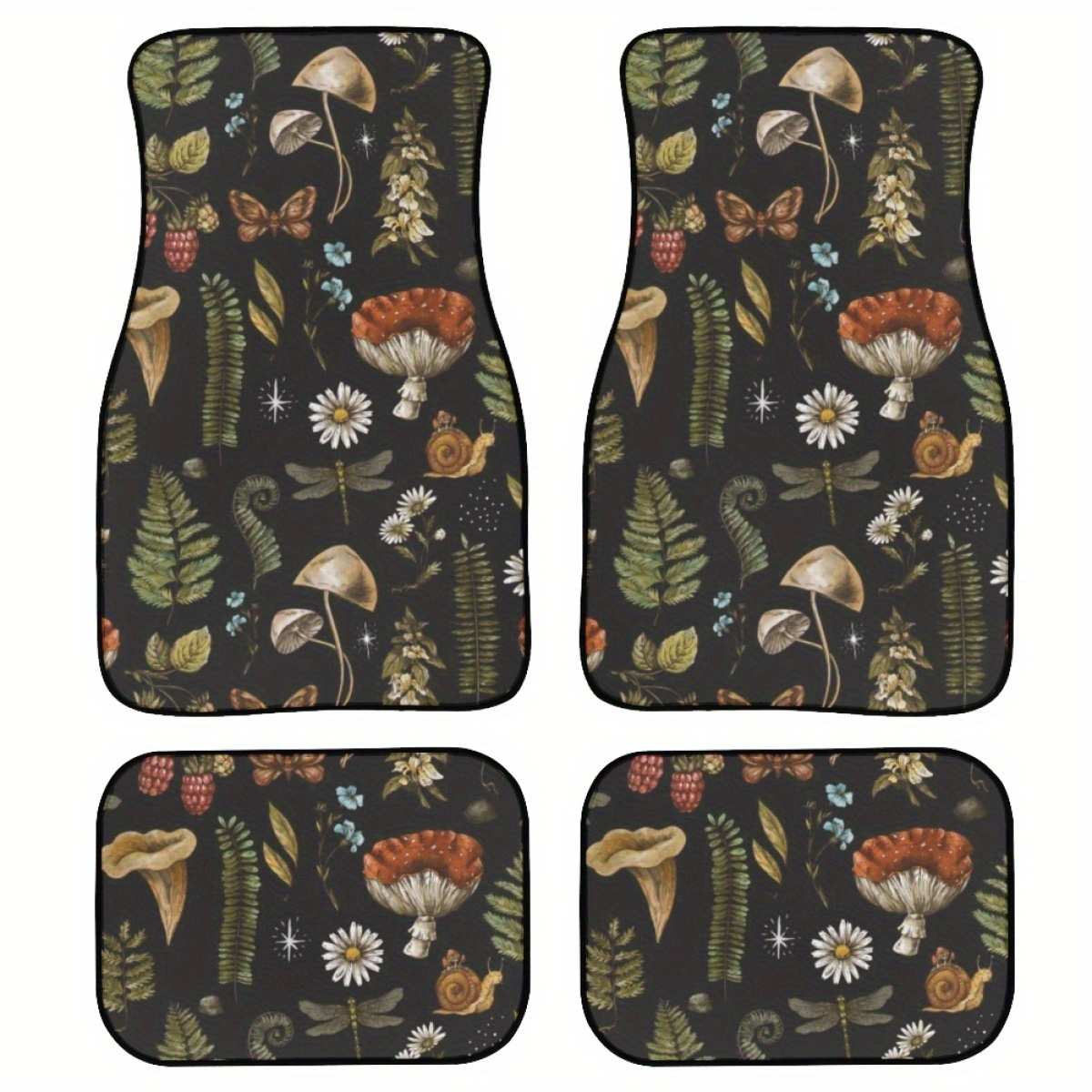 

4-piece Universal Car Floor Mats With Daisy Mushroom Pattern, Polyester Fiber, Non-slip Washable Vehicle Mats - Fits Most Models