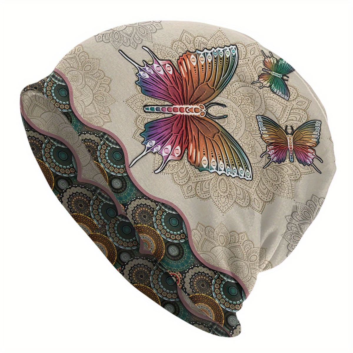 

Vintage Style Butterfly Mandala Knit Cap - Unisex Polyester Spandex , Band, Hoodie For Men And Women