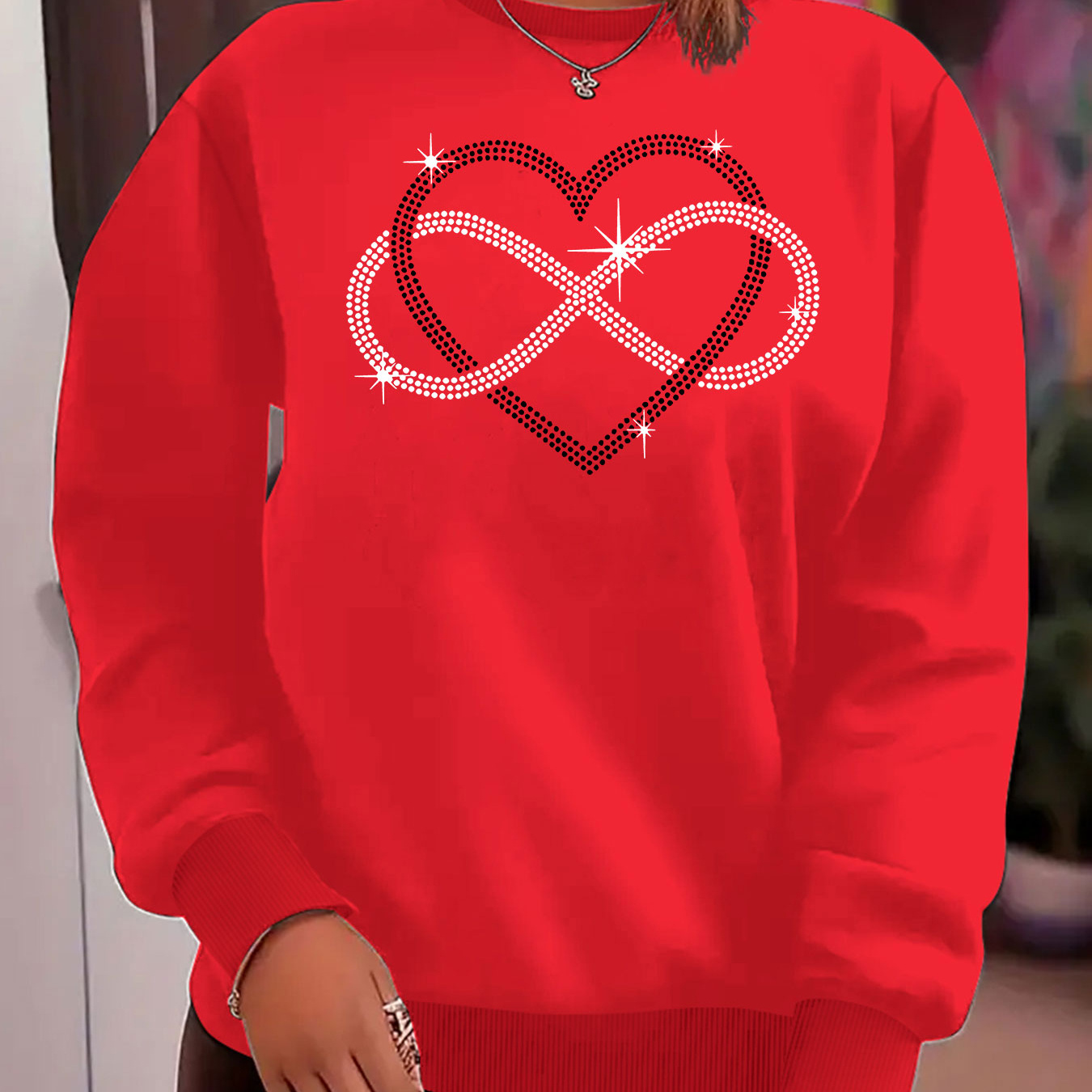 

Heart Printed Women's Sweatshirt, Crew Neck Casual Sweatshirt, Fall/ Winter, Women's