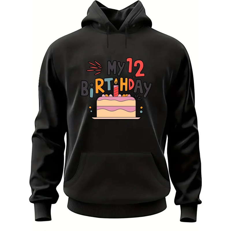 

Men's Birthday Hoodie, 12th Birthday Celebration, Casual Plush Sweatshirt, Long Sleeve, Stretchy Polyester, Regular Fit, Knit Fabric, , Unisex, Youth Autumn & Winter Top