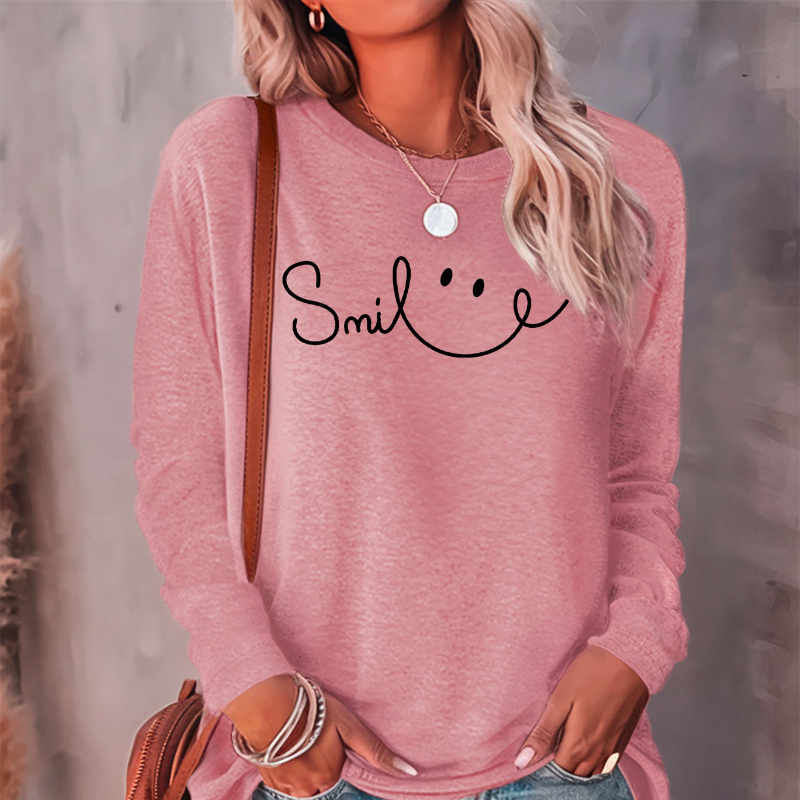 

Women's Casual Long Sleeve Crew Neck T-shirt With Smile Alphabet Print, Knit Polyester Blend Fabric For Fall/winter - Regular Length Pullover Top