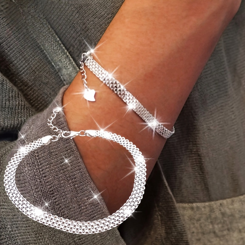 

Sparkling Mesh Embossed Bracelet With S925 Pure Silvery Chain Plating, Suitable For Men And Women - Low Allergy, Nickel Free, And Long-, Suitable For Any