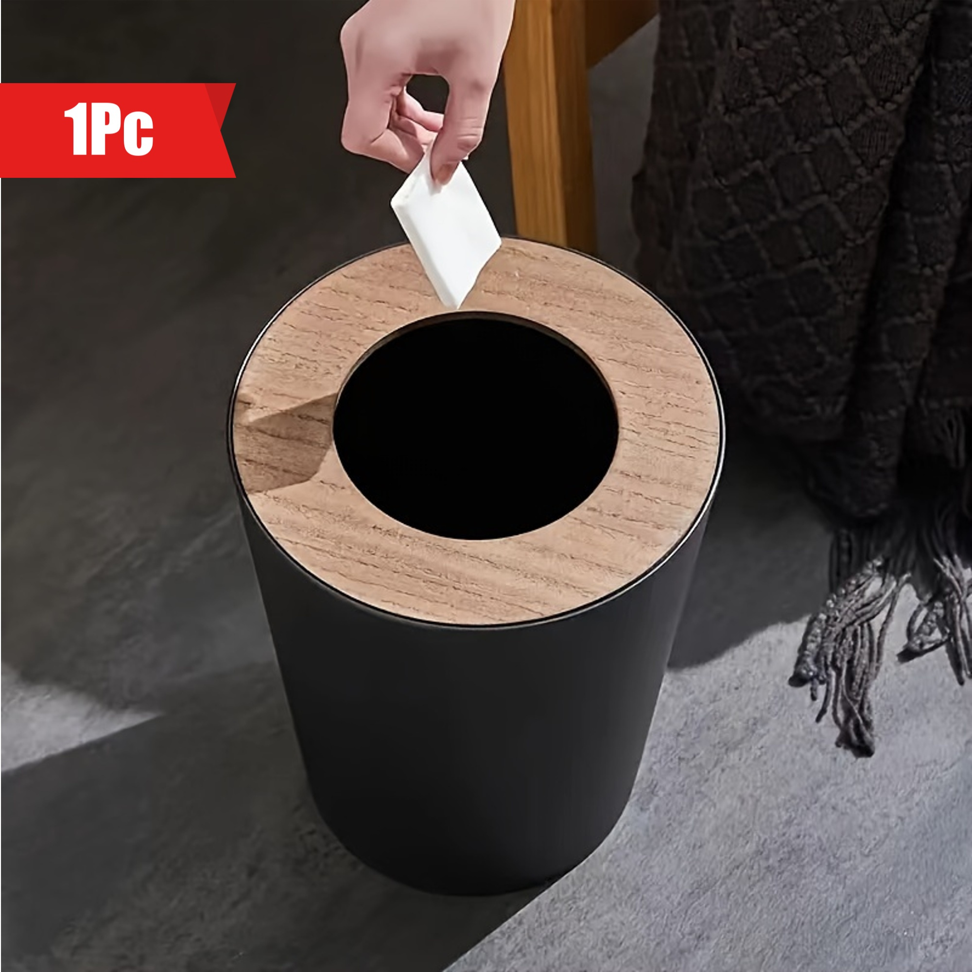 

An Elegant Round Trash Can, With Wooden Cover, Large Capacity Plastic Garbage Basket, Suitable For Kitchen, Bathroom, Living Room, Modern Home Decoration-