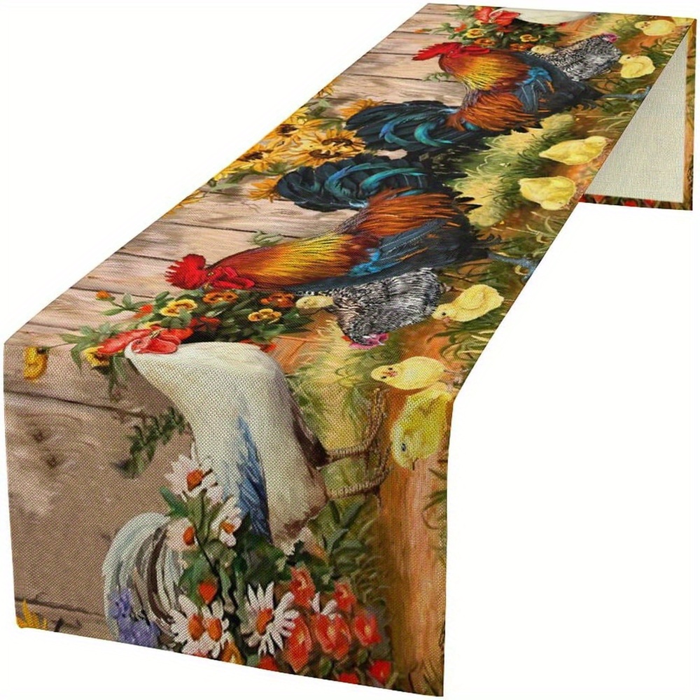 TEMU Woven Polyester Farmhouse Table Runner With Rooster & Sunflower Chicken Pattern - , Machine Washable Linen-look Rectangular Table Runner For Kitchen Decor & Home Renovation, 13 X 72 Inches