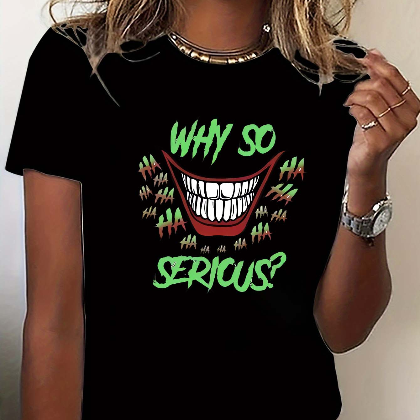 

Joker Pattern Print, Trendy Women's Round Neck Short Sleeve T-shirt, Women's Casual Sports Wear