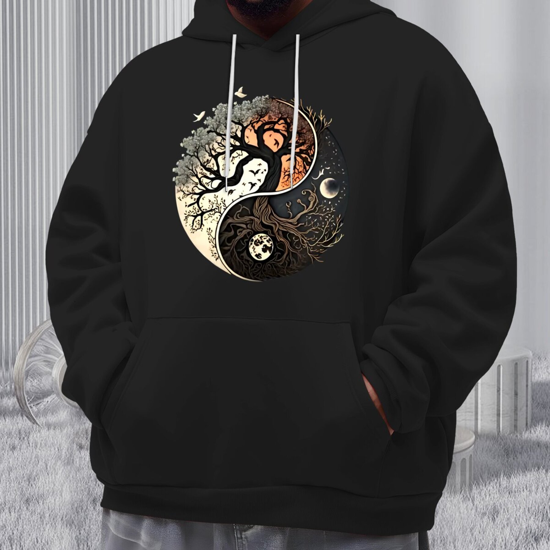 

Plus Size Men's Tree Graphic Hoodie - Polyester Hooded Sweatshirt With Front Print, Knit Fabric Top With Slight Stretch, Regular Fit Hoodie With No Details