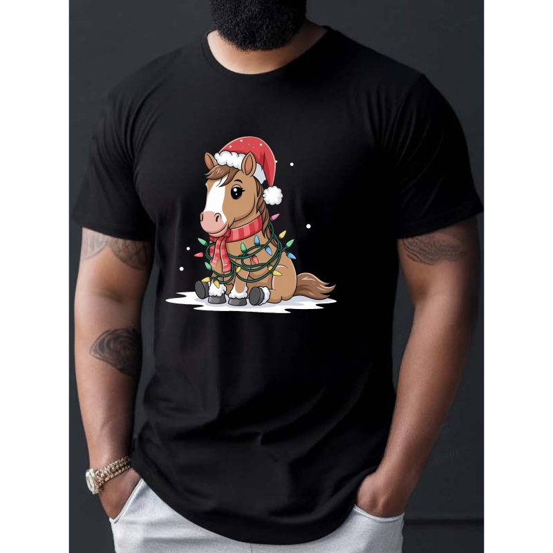 

Big & Tall Men's Summer T-shirt With Horse Print - Casual Short Sleeve, Breathable Polyester, Machine Washable, Plus Size