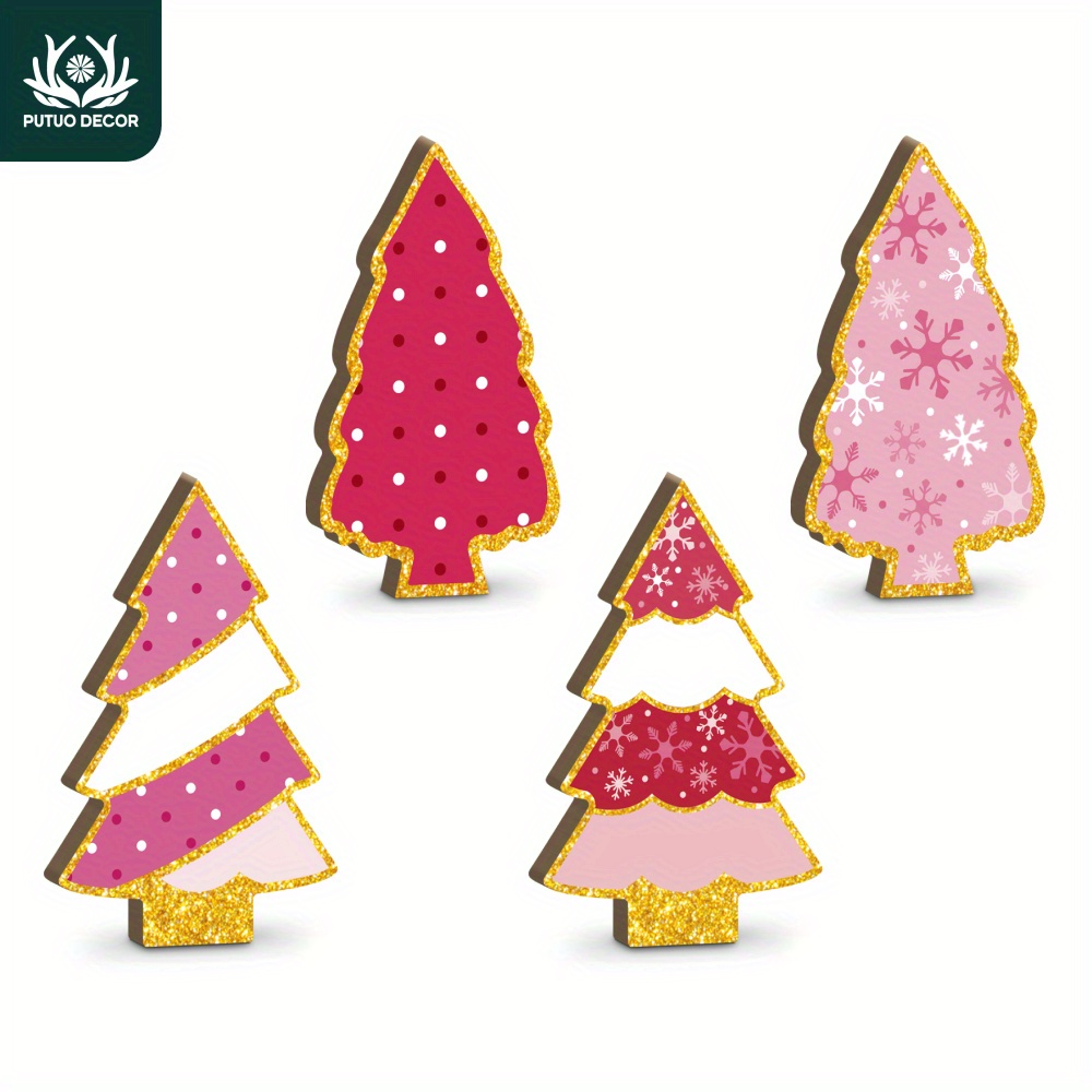 

4-piece Pink Christmas Tree Wooden Tabletop Decorations, Multipurpose Festive Farmhouse Decor For Home, Office, Cafe, Fireplace, Living Room, Christmas Gift