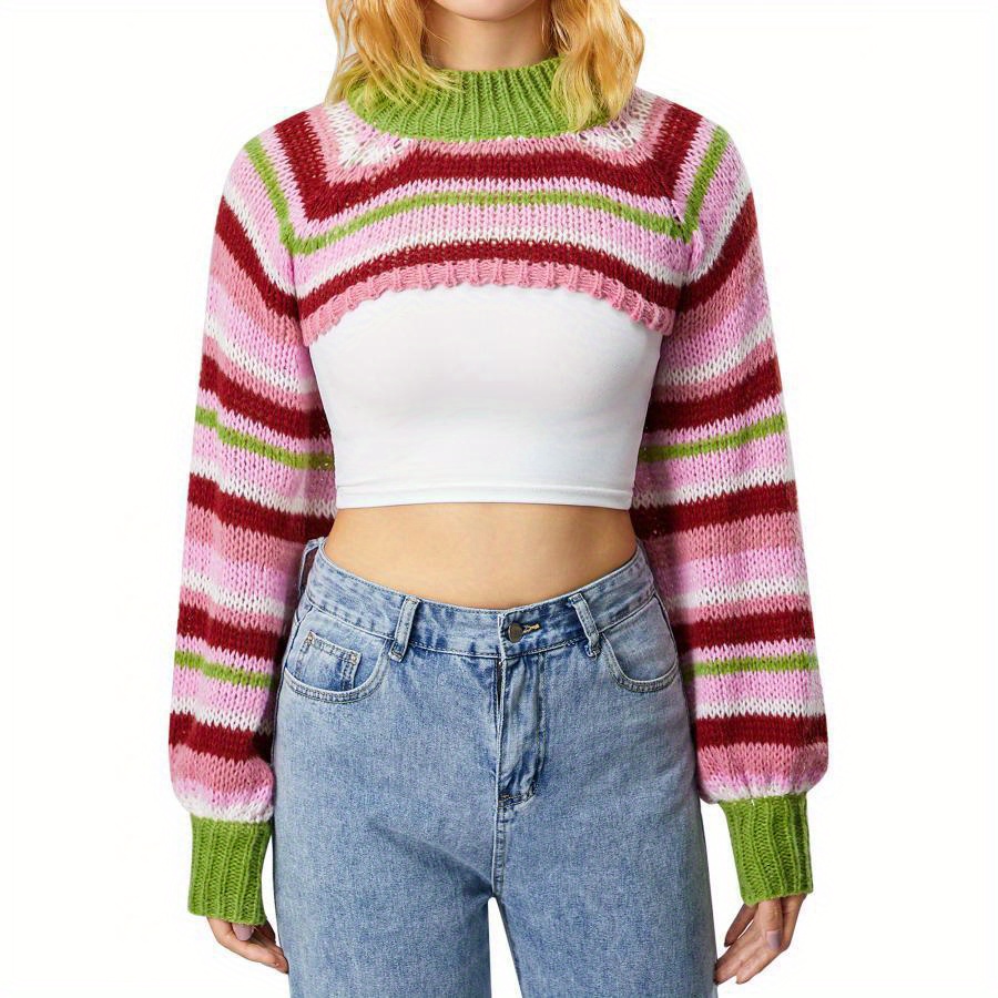 

Women Knitted Shrug Sweater Casual Striped Loose Long Sleeves Half Turtleneck Pullover Crop Tops Streetwear