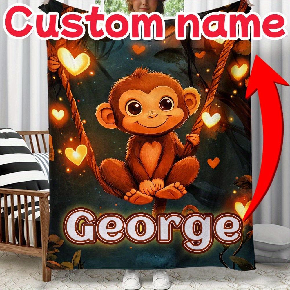 

Personalized Cute Monkey Blanket - Lightweight Fleece Throw For Home, Travel, Or Office - Digital Printing With Custom Name Area