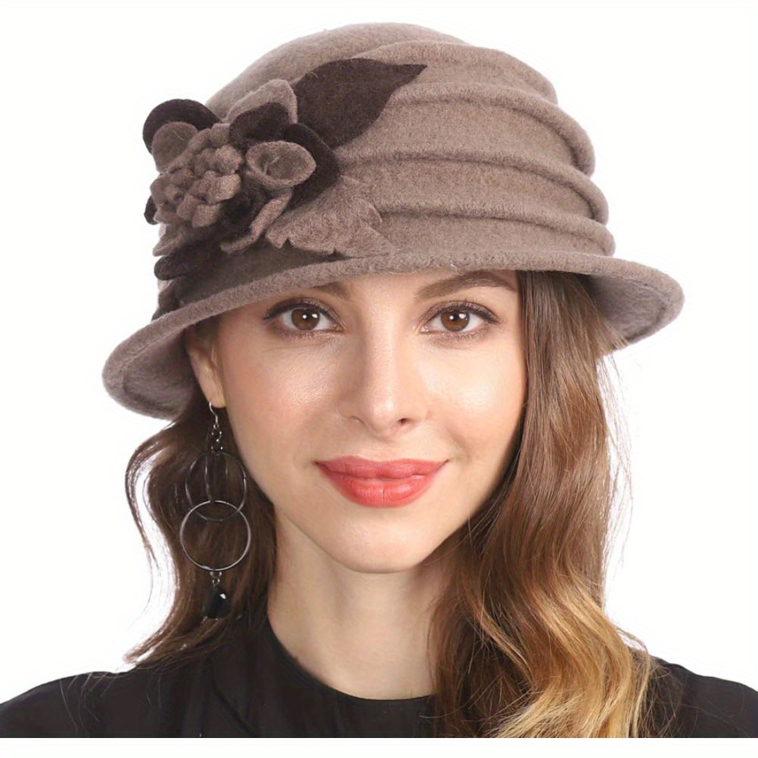 women 1920 wool vintage cloche bucket winter hat flower - Temu display picture 1
